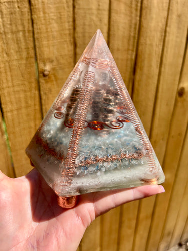 Aqua Marine Golden Pentagonal Orgonite Pyramid
