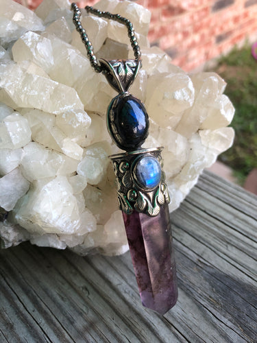 Purple Fluorite, Labradorite and Rainbow Moonstone Statement Necklace