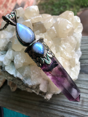 Purple Fluorite with Rainbow Moonstone Statement Necklace