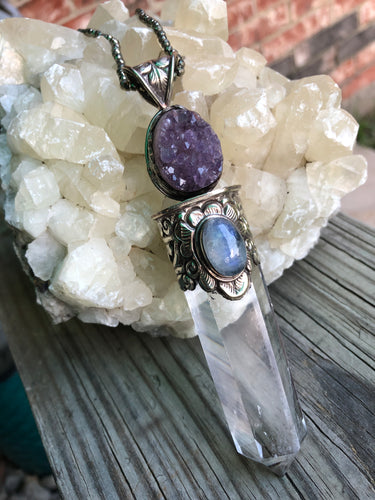 Clear Quartz, Rainbow Moonstone and Amethyst Statement Necklace